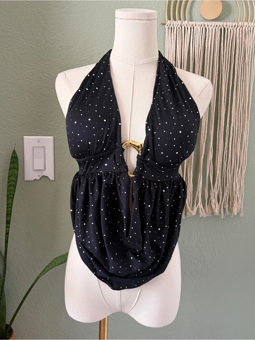 Black Polka Dot Halter Top with Gold Ring Accent
